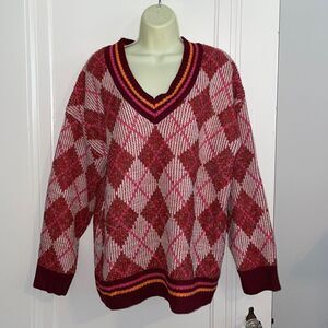 NWT Listicle maroon, pink & orange V neck argyle oversized sweater